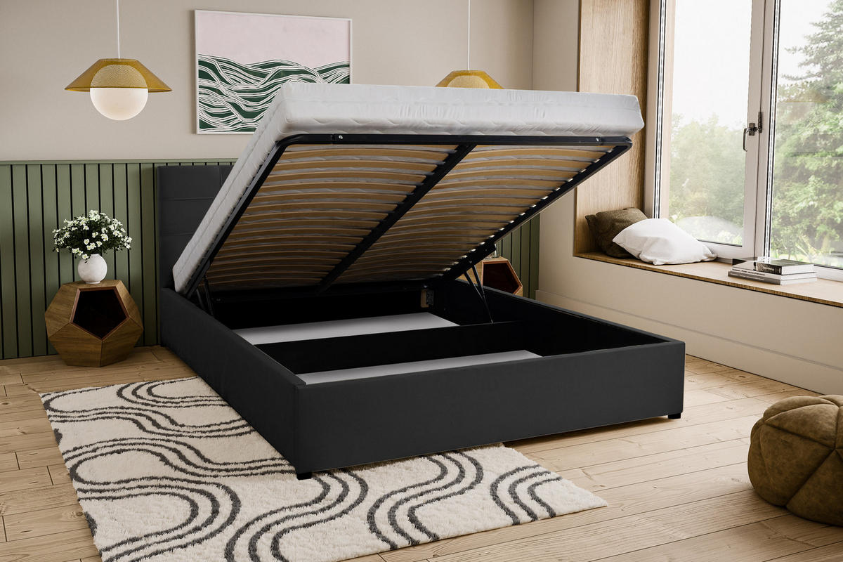 POLSTERBETT JESSA mit Kopfteil, 180 x200 cm, Doppelbett mit Bettkasten und Lattenrost aus Velourstoff, Velourstoff, Frabe: Schwarz - Schwarz, Holz/Kunststoff (180/200cm) - VENASI MÖBEL