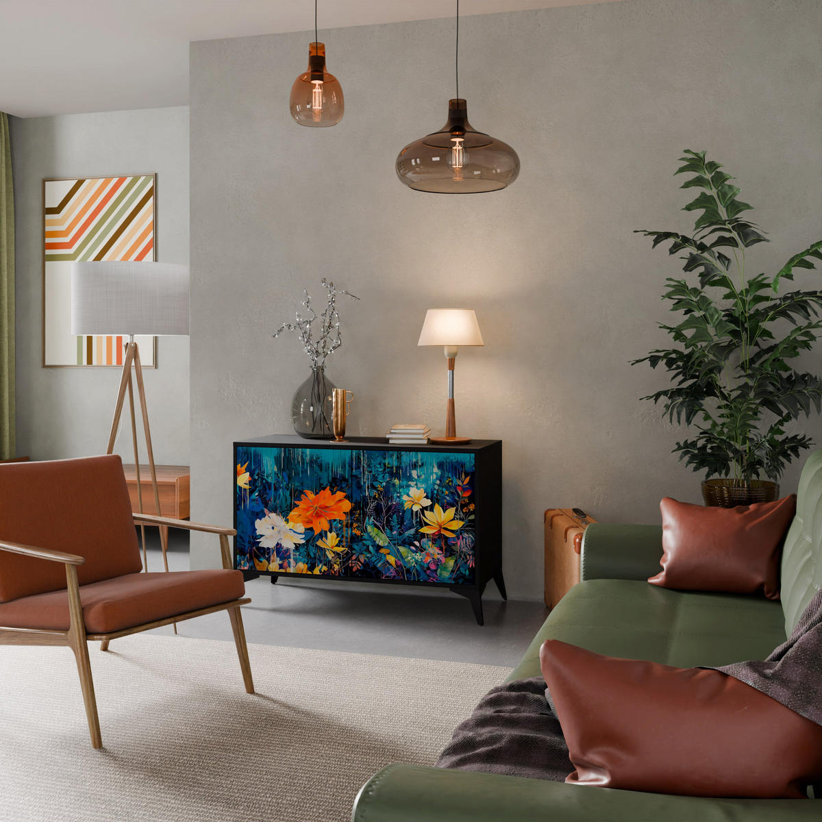 SIDEBOARD MIDNIGHT BLOSSOM, Eicheneffekt, 111x42x77,5 cm, 2 Türen - Eichefarben/Buchefarben, Holzwerkstoff/Buchenholz (111/77.5/42cm) - SpaceRebels