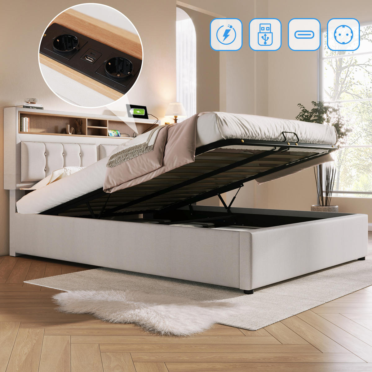 POLSTERBETT 160/200 cm mit Bettkasten, USB-C und verstellbarem Kopfteil - Beige, Textil (160/200cm) - BEAOK
