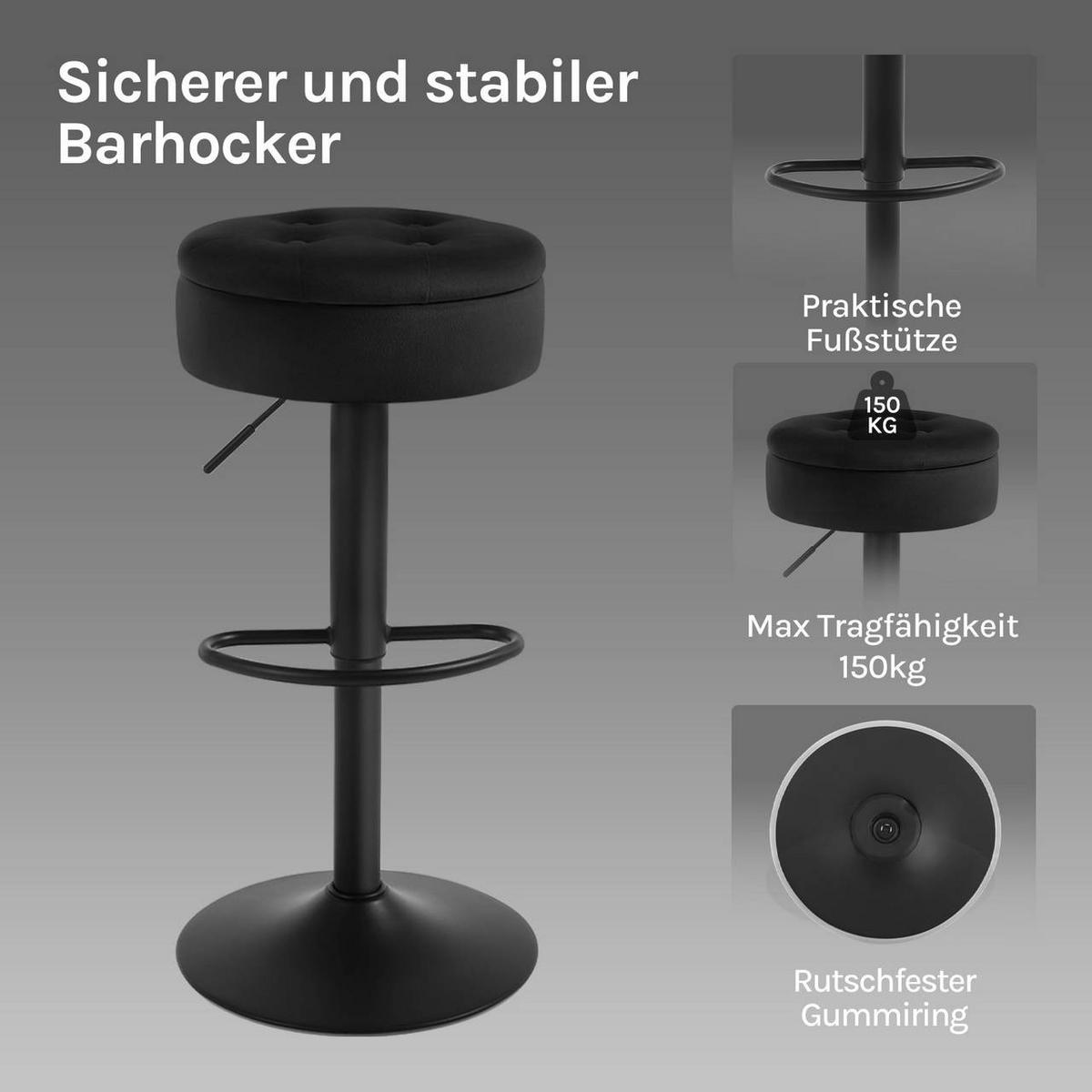 BARHOCKER 2er Set, drehbar, Samt, Schwarz - Schwarz, Textil/Metall (39/60.5/39cm) - Woltu