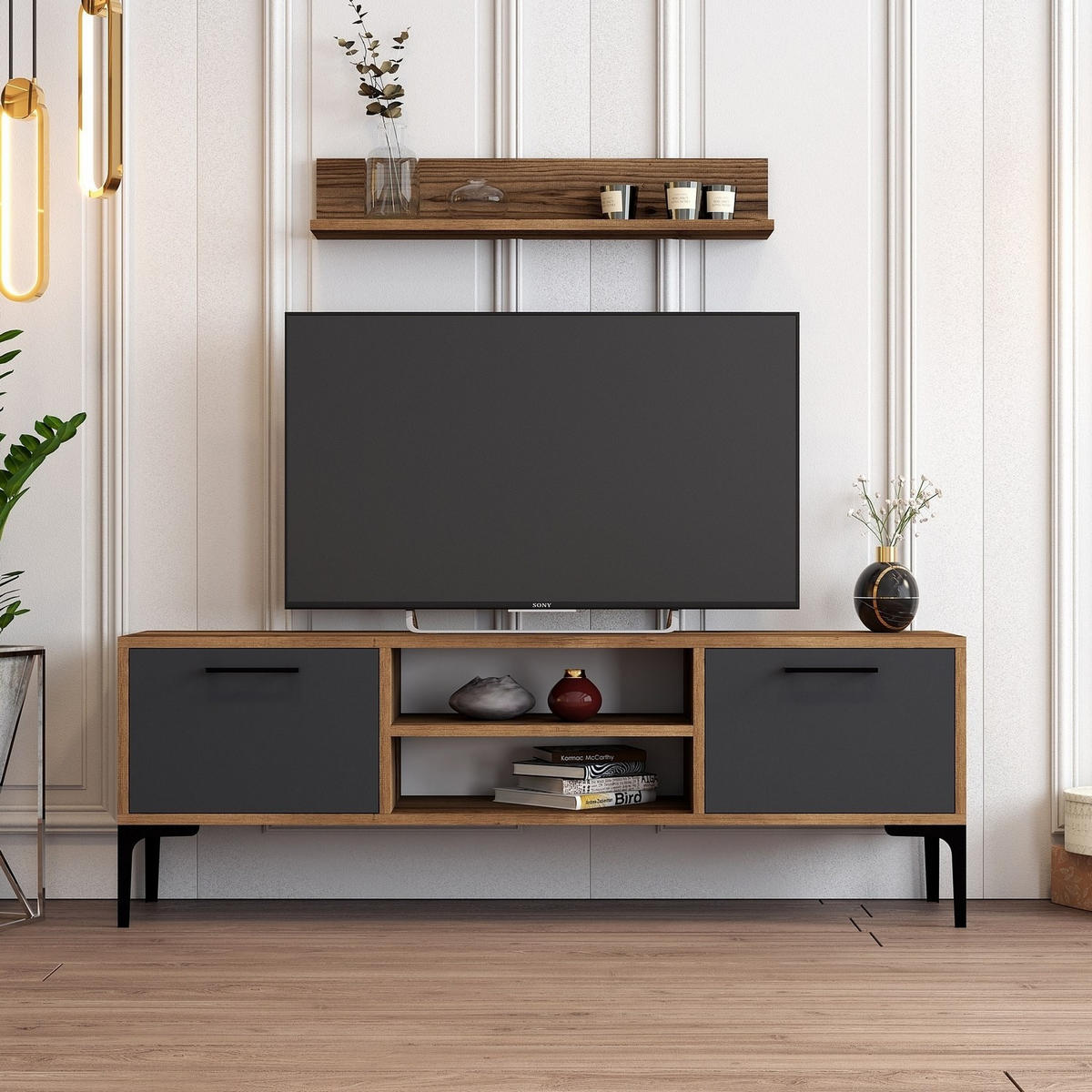 TV-MÖBEL Riga Nussbaum-Anthrazit - Anthrazit/Nussbaumfarben, Holz (140/48/30cm) - Habitat Garten