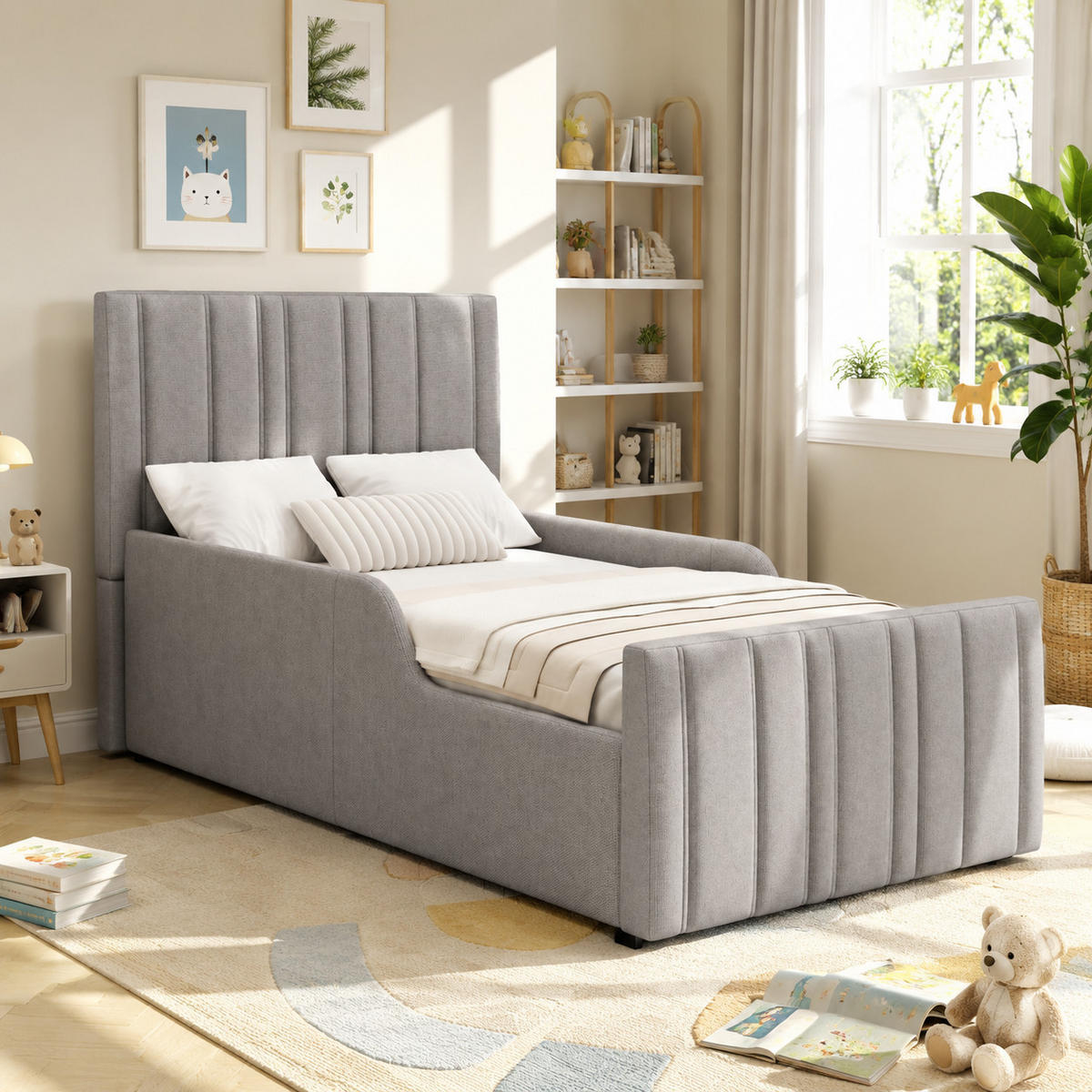 POLSTERBETT 90/200 cm in Grau mit Bettkasten, gepolstertem Kopfteil und Leinenbezug - Grau, Holzwerkstoff/Textil - STILVORA