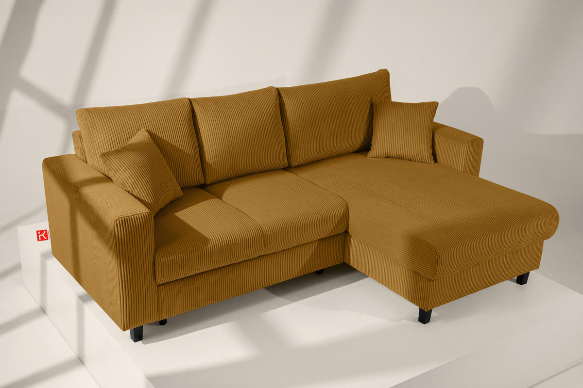 ECKSCHLAFSOFA EGRET Rechts mit Bettkasten, Cord-Stoff, gelb - Gelb, Textil (234/90cm) - KONSIMO®