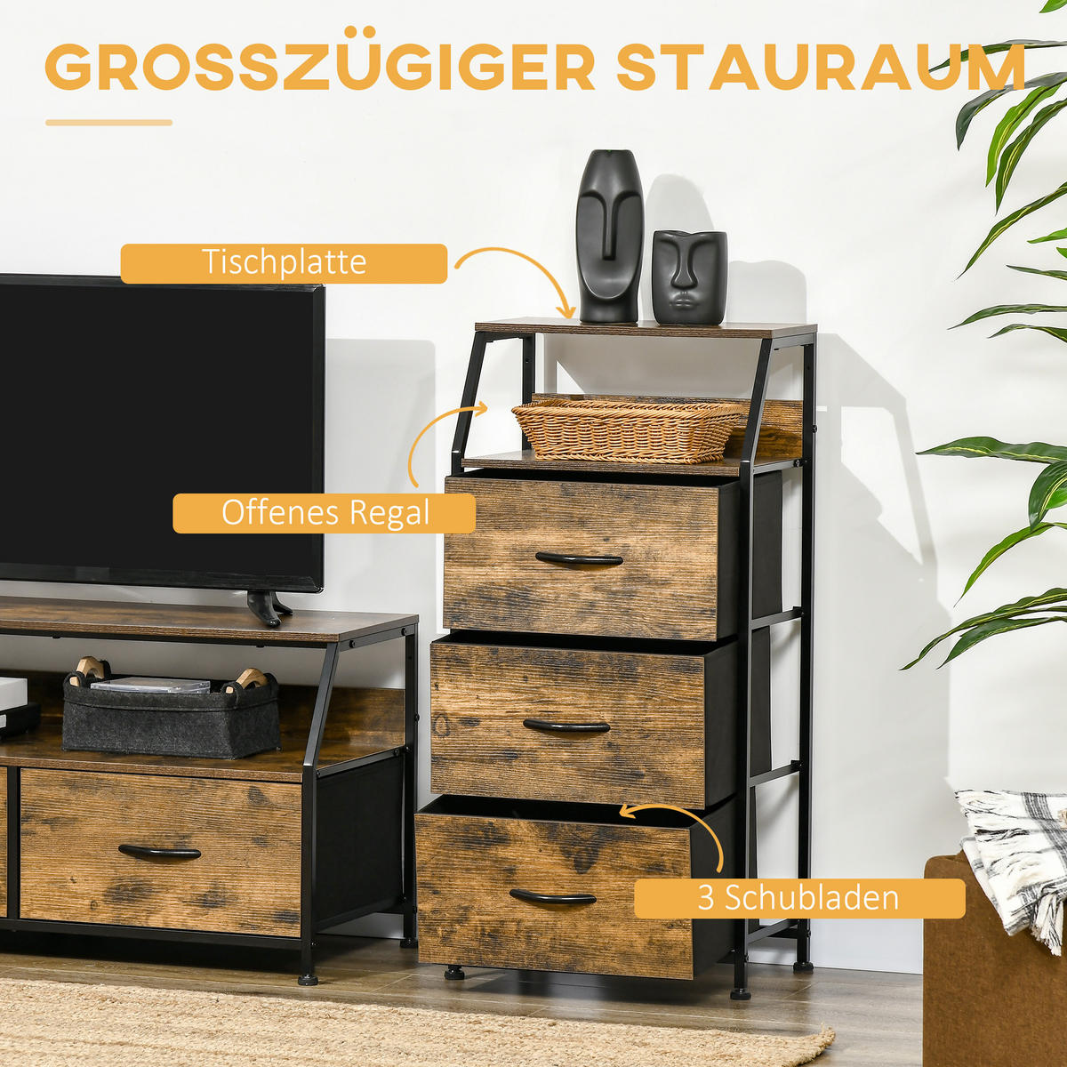 KOMMODE aus Stoff Aufbewahrungsschrank mit 3 Schubladen, Ablage Braun - Braun, Textil (29/92/44cm) - HOMCOM