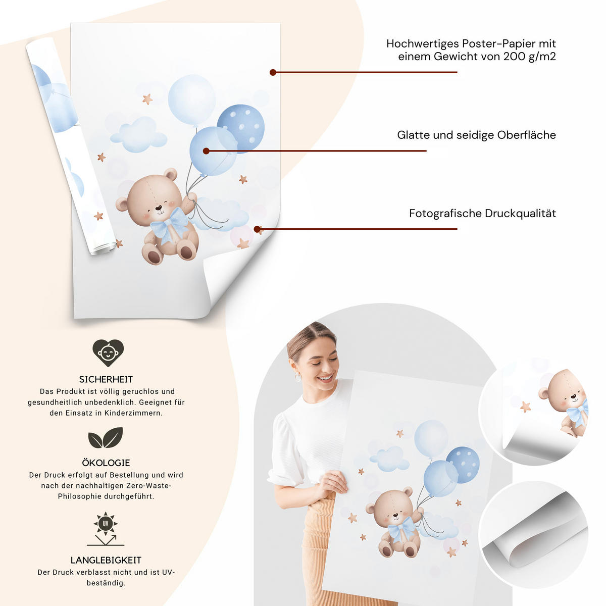 SADA PLAGÁTOV Do Detskej Izby Mackovia Modré Balóny Oblaky Hviezdy 3x Plagát A4 21 x 30 cm - hnedá/žltá, papier (21/30/1cm) - Muralo