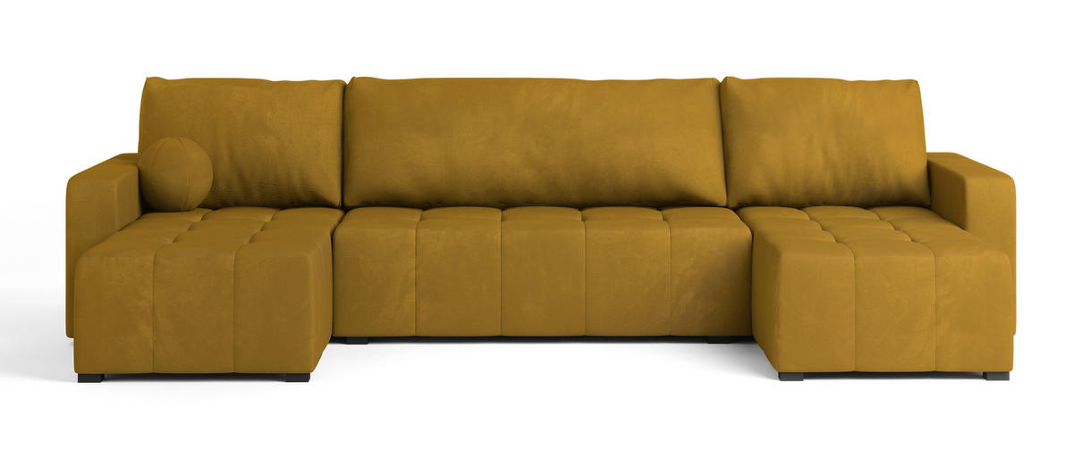 WOHNLANDSCHAFT TOLARI Gelb Plüsch-Stoff mit Schlaffunktion - Gelb, Holz (295/85/140cm) - MASSENO