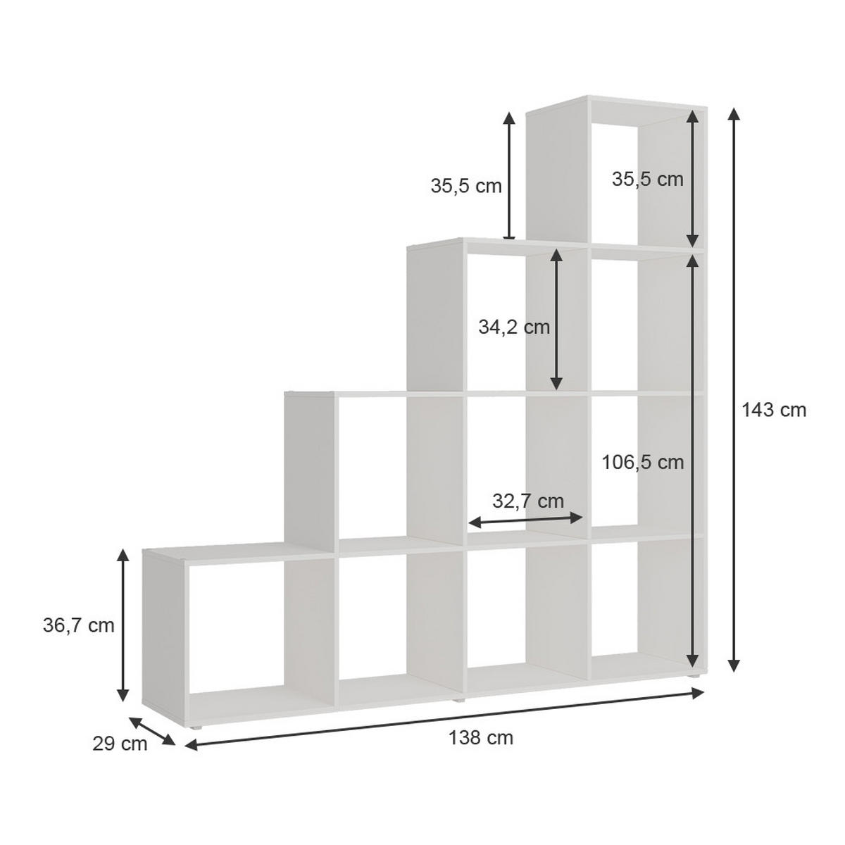 TREPPENREGAL Aramis Weiß 138 x 143 cm 10 Fächer - Weiß, Holzwerkstoff (138/143/29cm) - Vicco