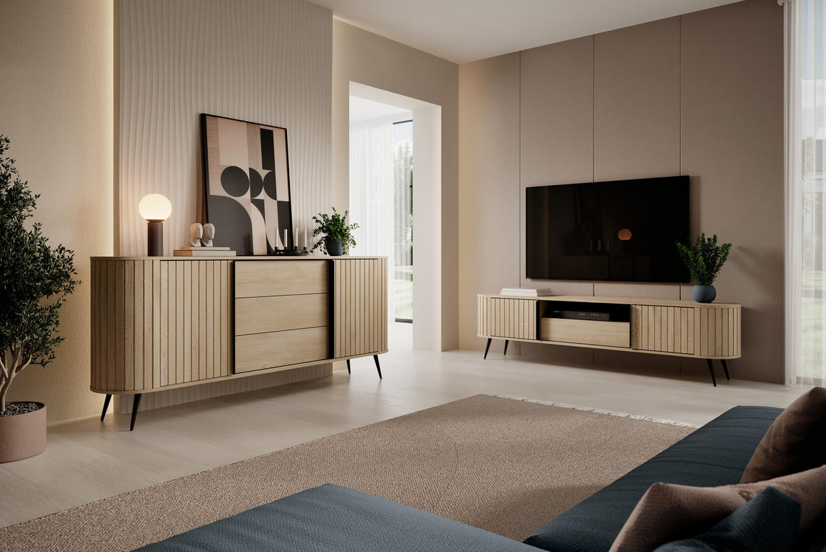 SIDEBOARD CARA 196x40,2x81,8 cm mit 3 Schubladen und 2 Türen Eichefarben - Braun, Holzwerkstoff (196/81.8/40.2cm) - MASSENO