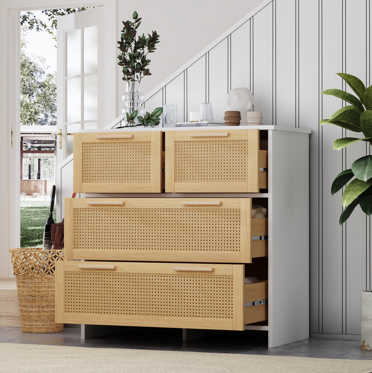 KOMMODE, 4 Schubladen, Rattan-Optik, 80x38x80 cm, NaturxWeiß - Weiß, Holzwerkstoff (38/80/80cm) - Modfu