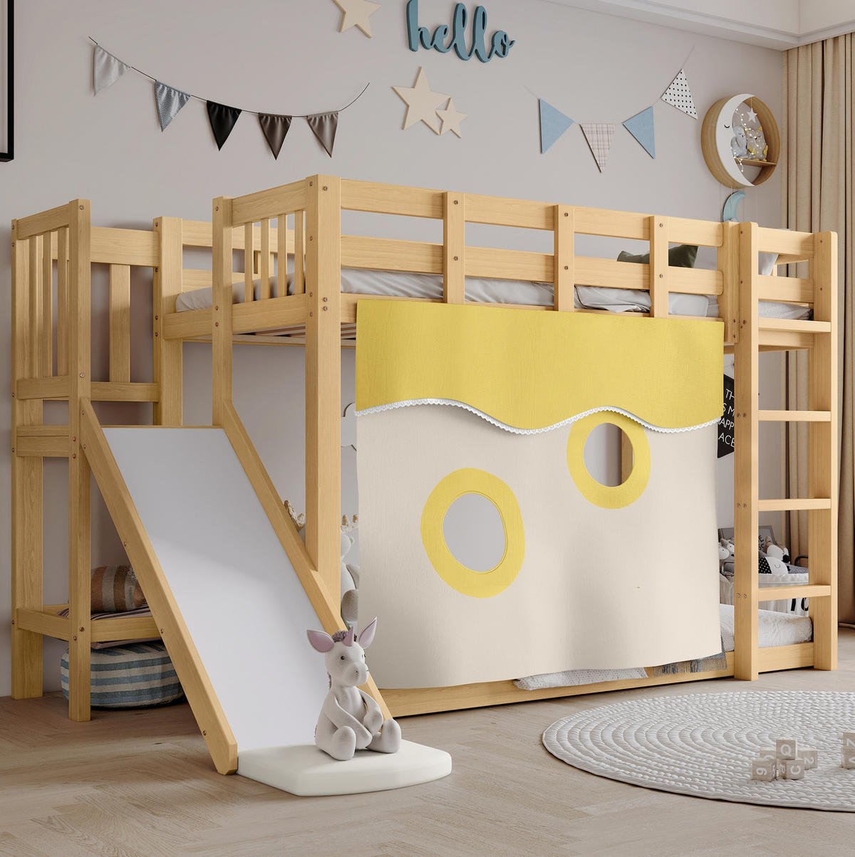 ETAGENBETT 90/200 cm aus Kiefer und MDF mit Treppe, Rutsche und Bettvorhang Natur - Naturfarben, Holzwerkstoff (90/200cm) - Modenvie