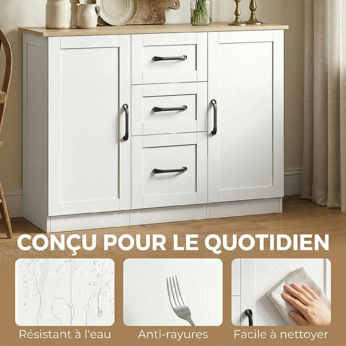 SIDEBOARD Weiß und Naturfarben, 2 Türen, 3 Schubladen, 110/35/80,4 cm - Weiß, Holz (110/80.4/35cm) - PANGIVO