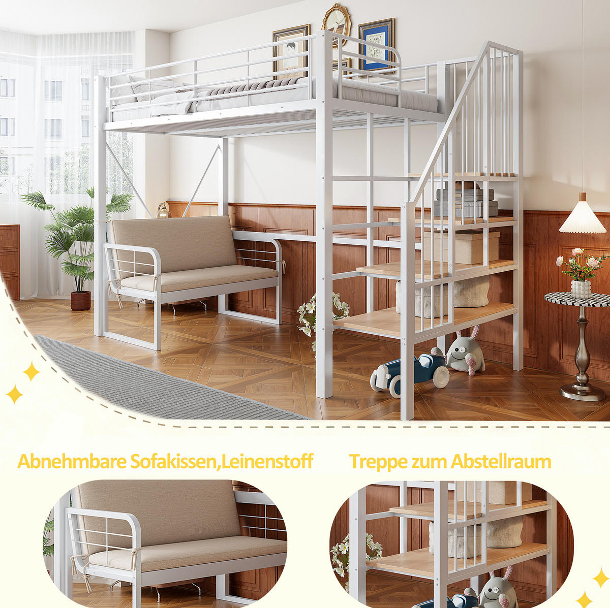 HOCHBETT 90/200 cm aus Metall mit Stauraumleiter, Weiß - Weiß, Metall (90/200cm) - OKMYHOME