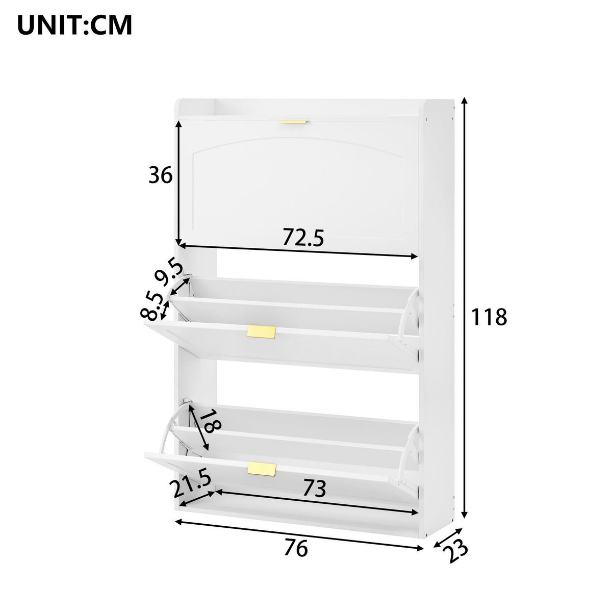 SCHUHSCHRANK mit 3 Klappen 76 x 23 x 118 cm Weiß - Weiß, Holz (23/118/76cm) - Beauniv