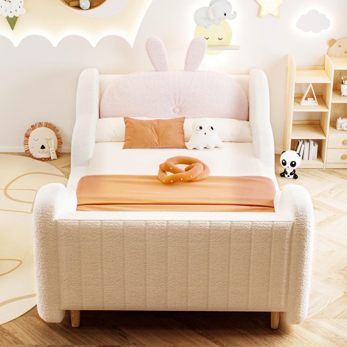 KINDERBETT 90/200 cm in Weiß Teddyplüsch mit Hasenkissen und Wolkenleisten - Weiß, Holzwerkstoff/Textil (90/200cm) - WISHDOR