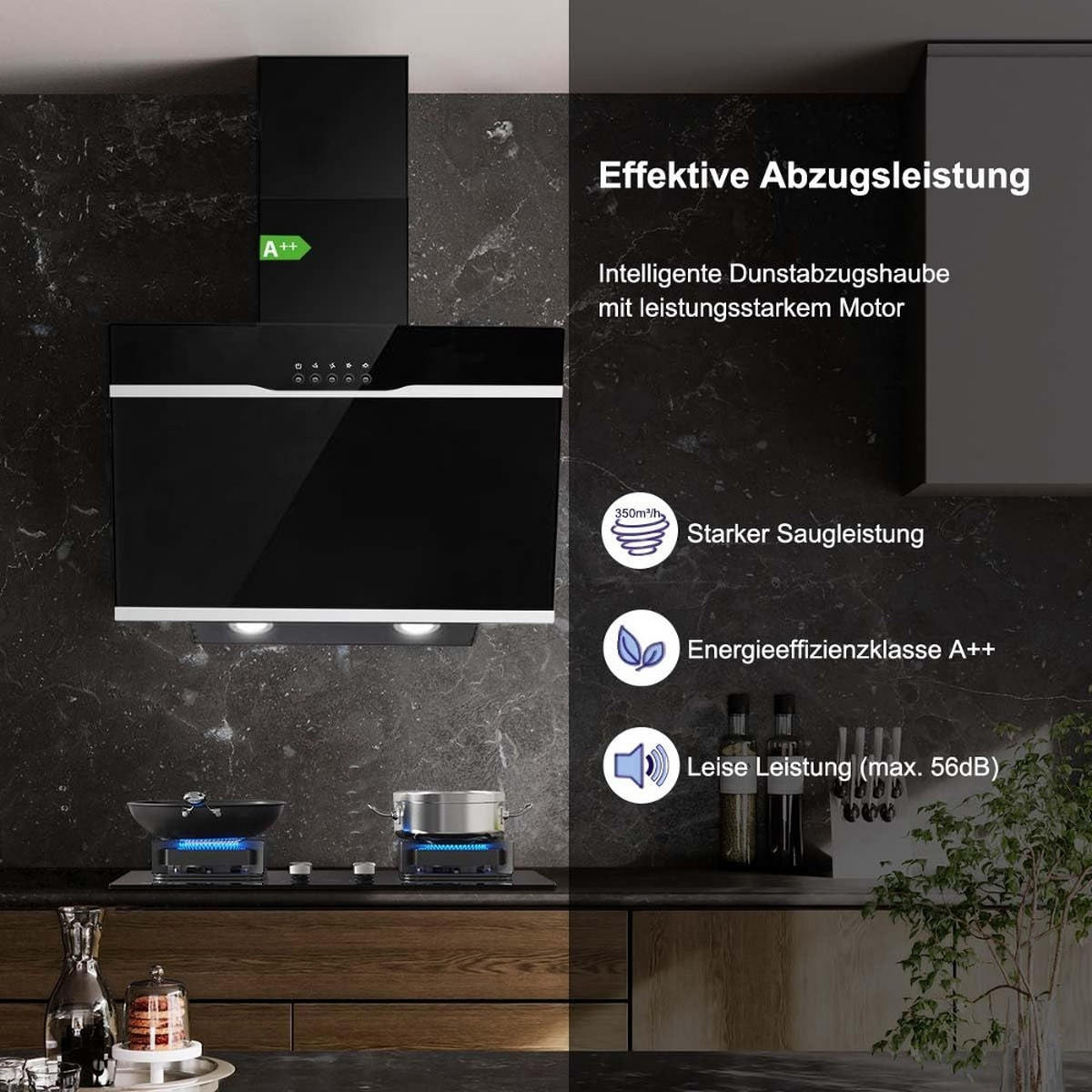 DUNSTABZUGSHAUBE Schräghaube, ENERGIEKLASSE A++, LEISE 56dB, Schwarz, Wandmontage, 60 cm - Schwarz, Metall (36.01/43.51/61.51cm) - Rolipo