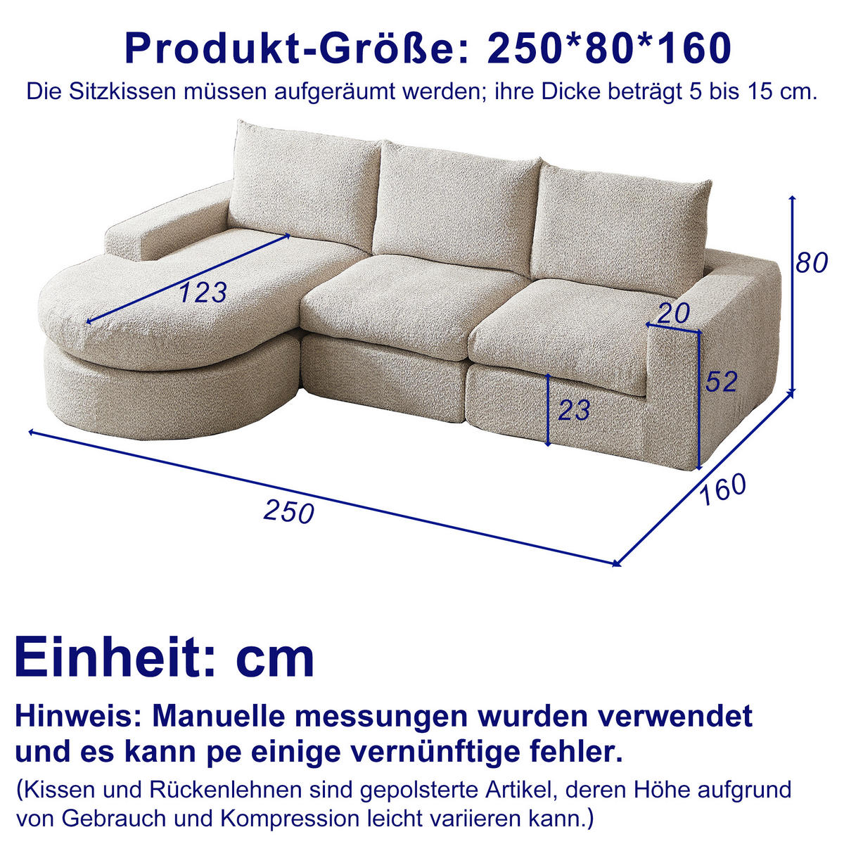ECKSOFA DE-34519 modular mit Liegefunktion Beige - Beige, Textil (160/250cm) - ComfortXL
