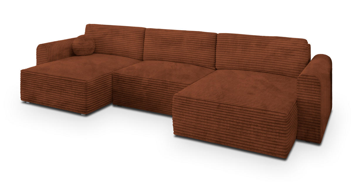 WOHNLANDSCHAFT FENTO Braun Kordstoff mit Schlaffunktion - Braun, Holz (347/90/148cm) - MASSENO