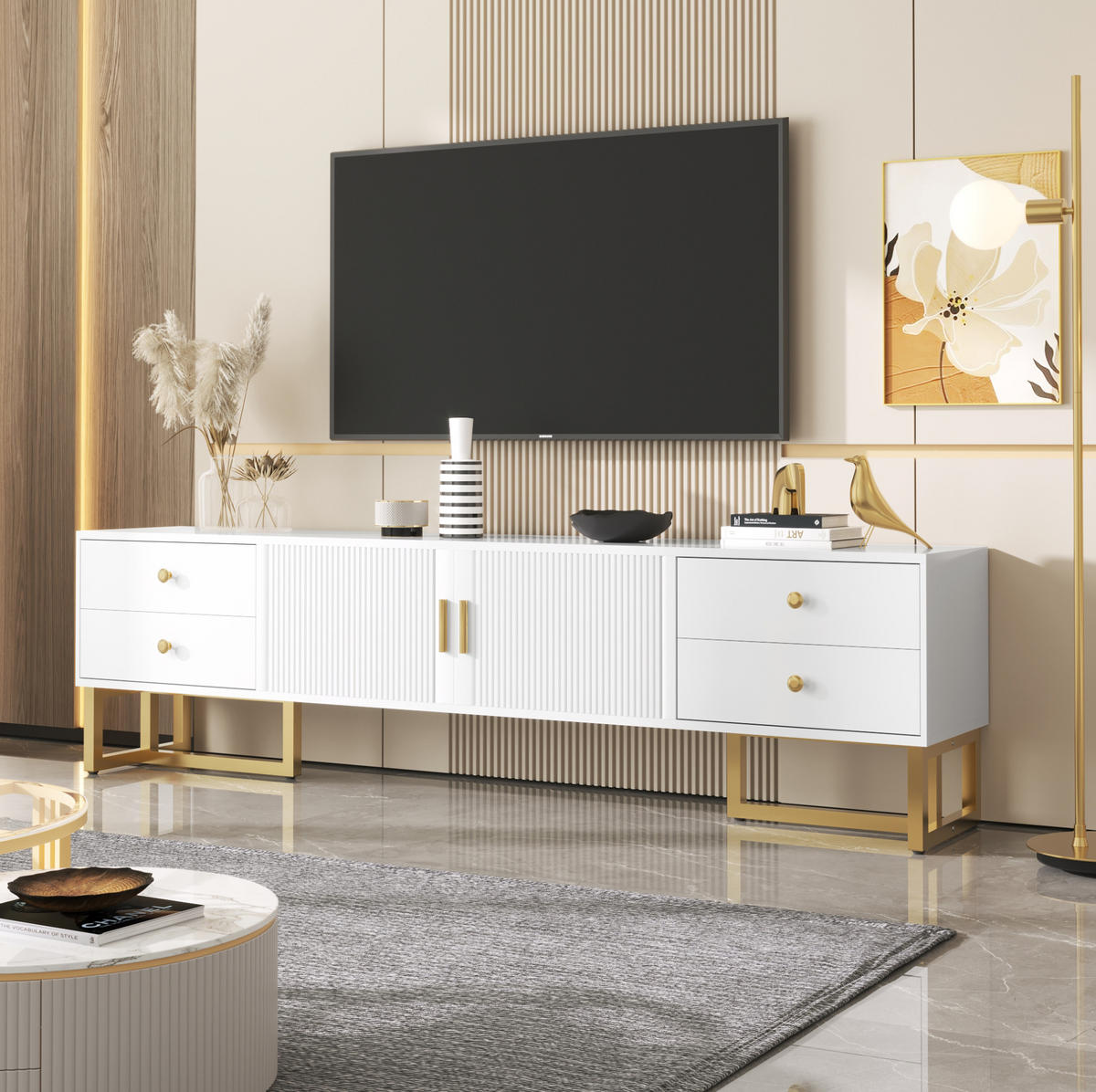 TV-SCHRANK in Weiß mit 4 Schubladen, 2 Türen und goldfarbenen Füßen 175/30/46 cm - Weiß, Holzwerkstoff (175/46/30cm) - Redom