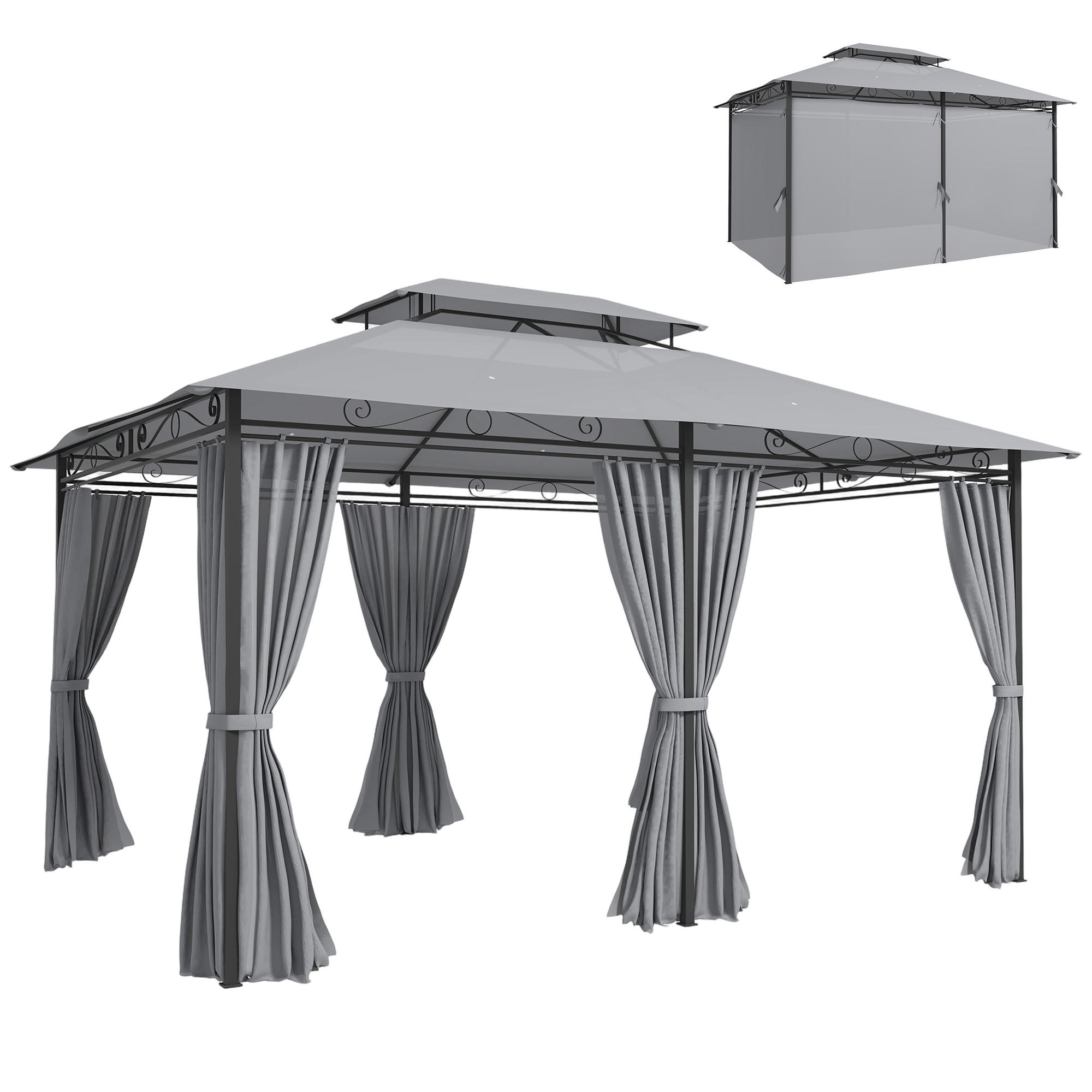 GARTENPAVILLON mit Vorhängen und belüftetem Dach, moderner Outdoor-Pavillon für Garten und Terrasse, Dunkelgrau - Dunkelgrau, Metall (400/280/300cm)