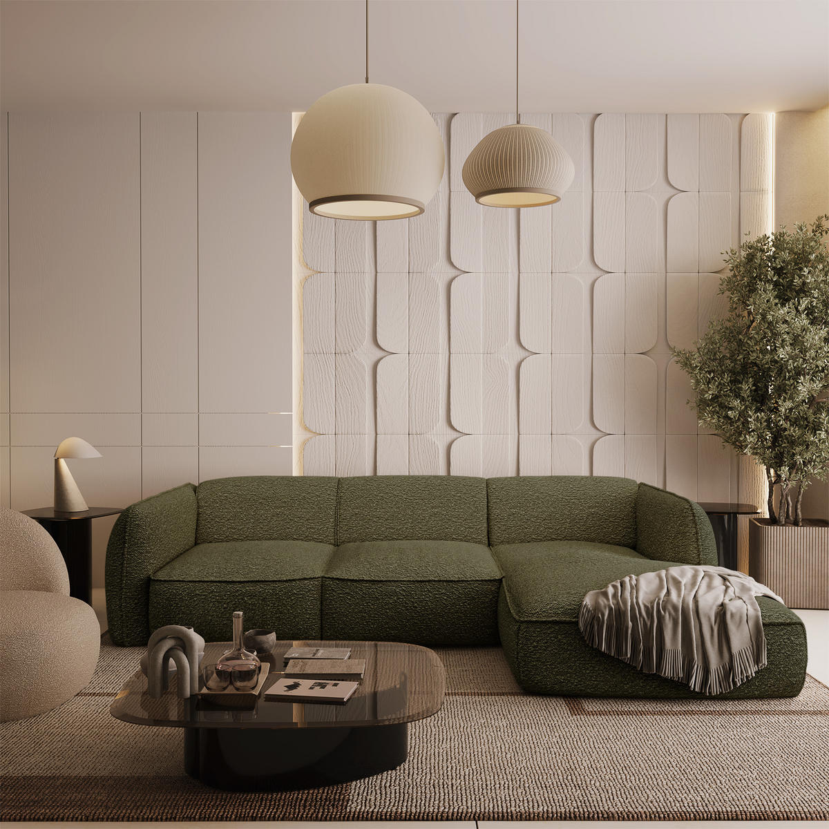 ECKSOFA RECHTS Bouclé-Stoff Olivgrün 272cm - Olivgrün, Textil (272/165cm) - Sia Home