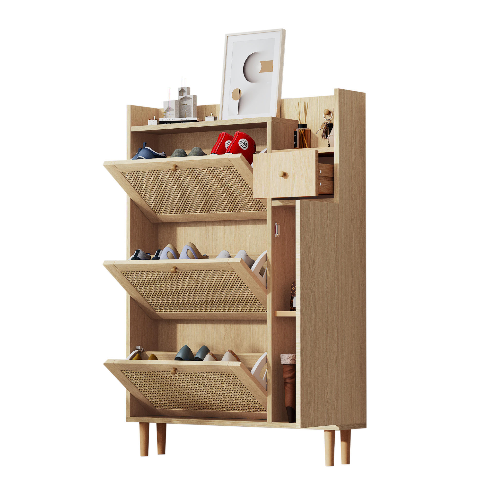 SCHUHSCHRANK 90/125/17 cm in Natur mit 3 Klappen und 1 Schublade - Naturfarben, Holzwerkstoff (90/125/17cm) - Flora Grace