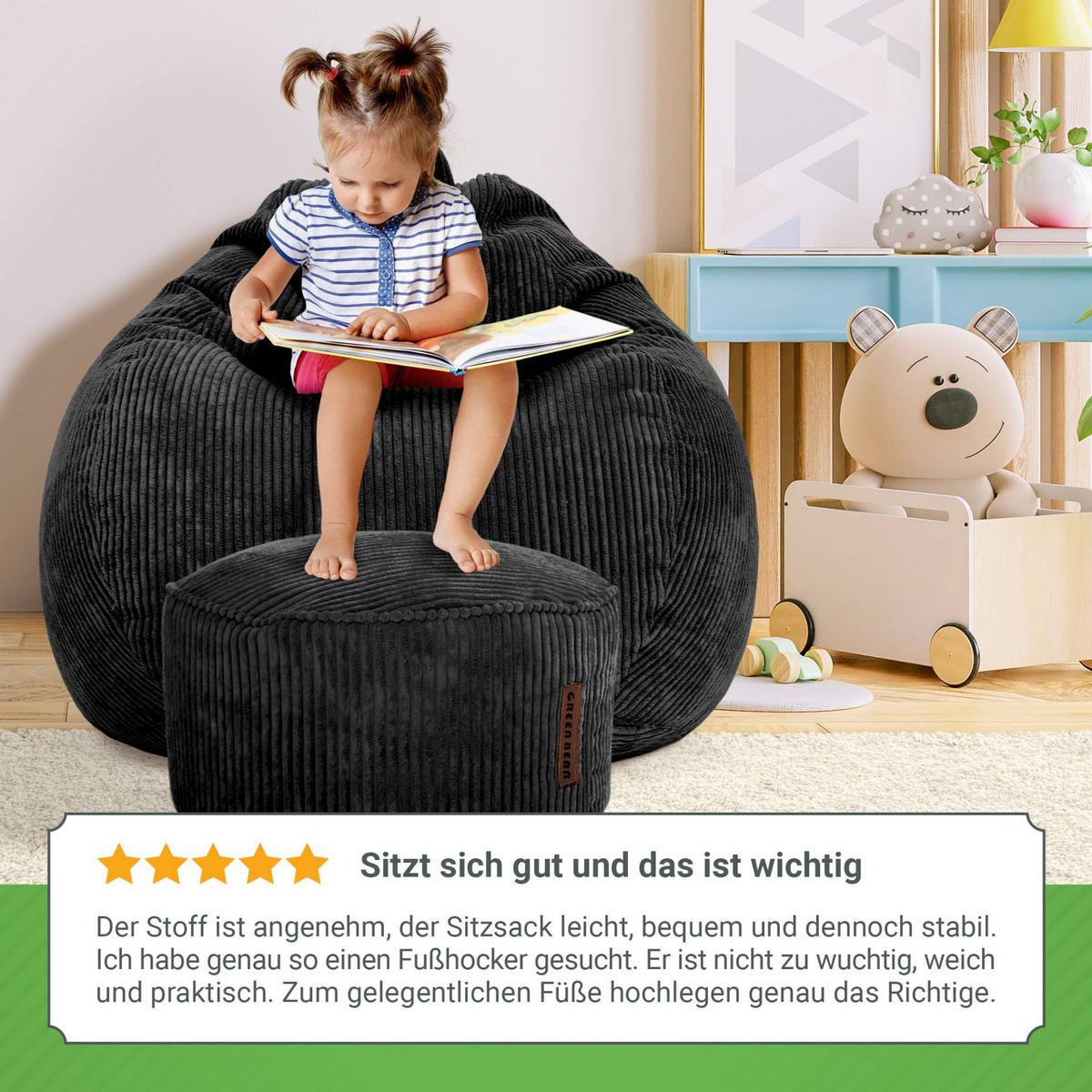 XXL-SITZSACK 2er Set + Pouf - Cordstoff - Schwarz, Textil (90/110/90cm) - Green Bean