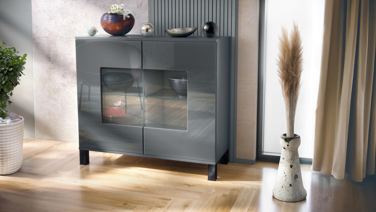 KOMMODE Grömitz Grau Hochglanz - Grau, Holzwerkstoff (92.5/84.5/35cm) - Vladon