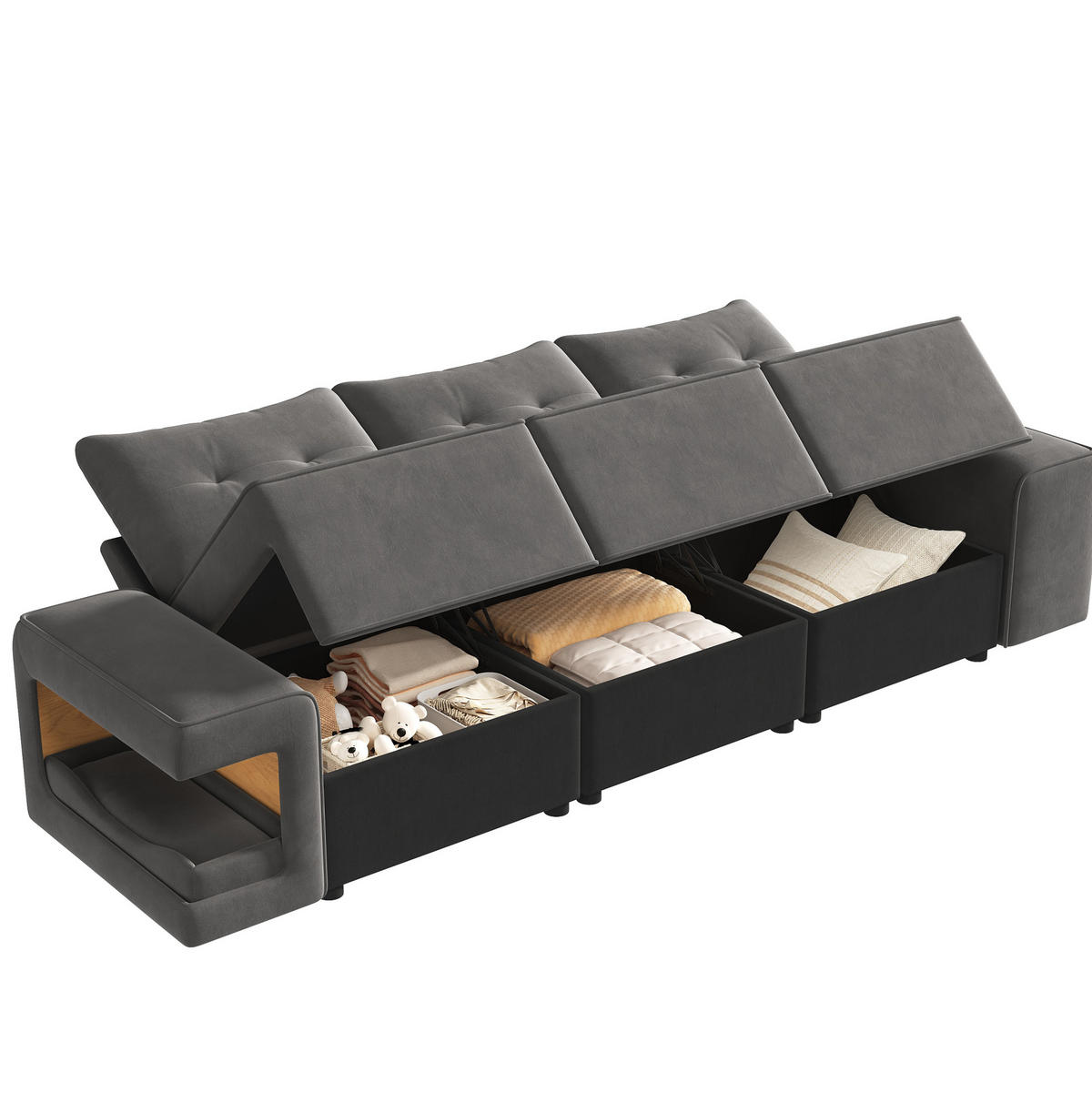 3-SITZER-SOFA aus Velours 229,5x78x84 cm Grau mit Stauraum, Haustiernischen und 2 Kissen - Grau, Textil (229.5/84/78cm) - Modfu
