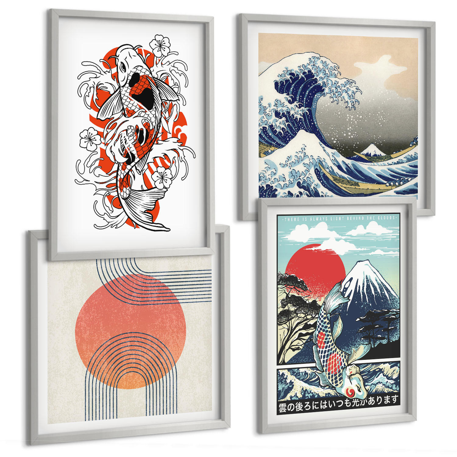 BILDER SET 4er Set - 50x50 cm & 40x60 cm Silberner Rahmen - Illustrationen von Fischbergen, die sich in Japan ausbreiten - Silberfarben, Kunststoff (50/50cm) - TULUP