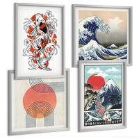 BILDER SET 4er Set - 50x50 cm & 40x60 cm Silberner Rahmen - Illustrationen von Fischbergen, die sich in Japan ausbreiten - Silberfarben, Kunststoff (50/50cm) - TULUP