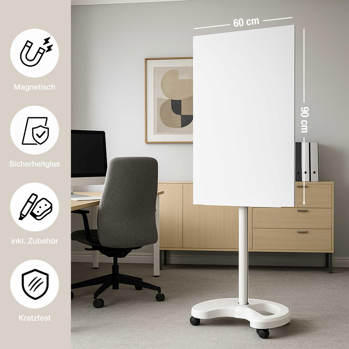 WHITEBOARD Glas 60x90 cm Stehend - Weiß, Glas (90/60/1cm) - K-Möbel