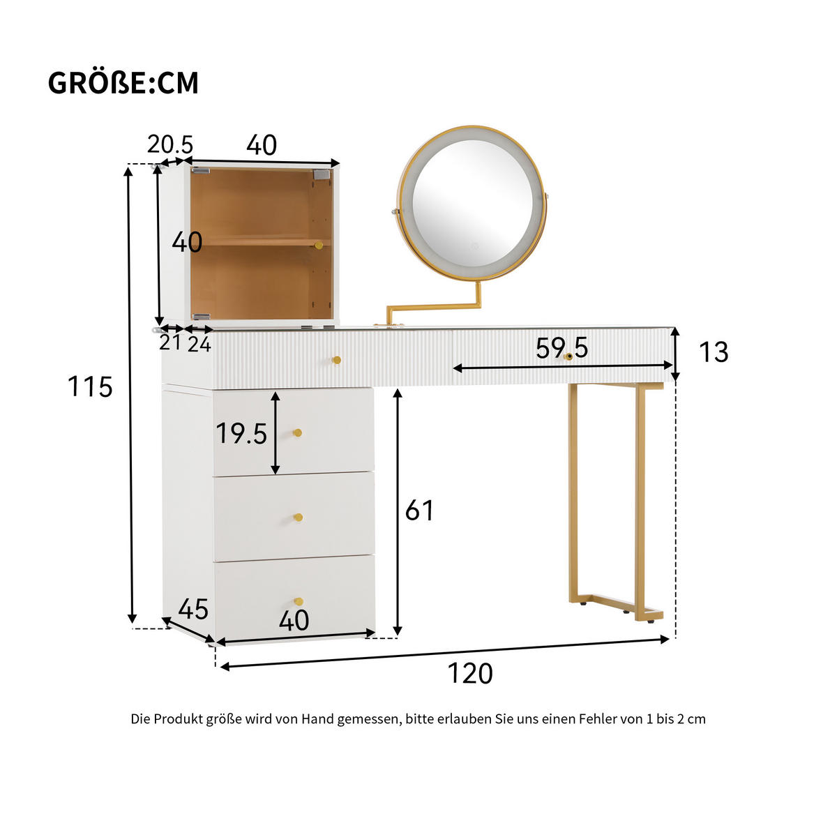SCHMINKTISCH 120/45/115 cm weiß/gold aus Glas-Holzwerkstoff mit LED - Weiß, Holzwerkstoff (45/115/120cm) - OKWISH