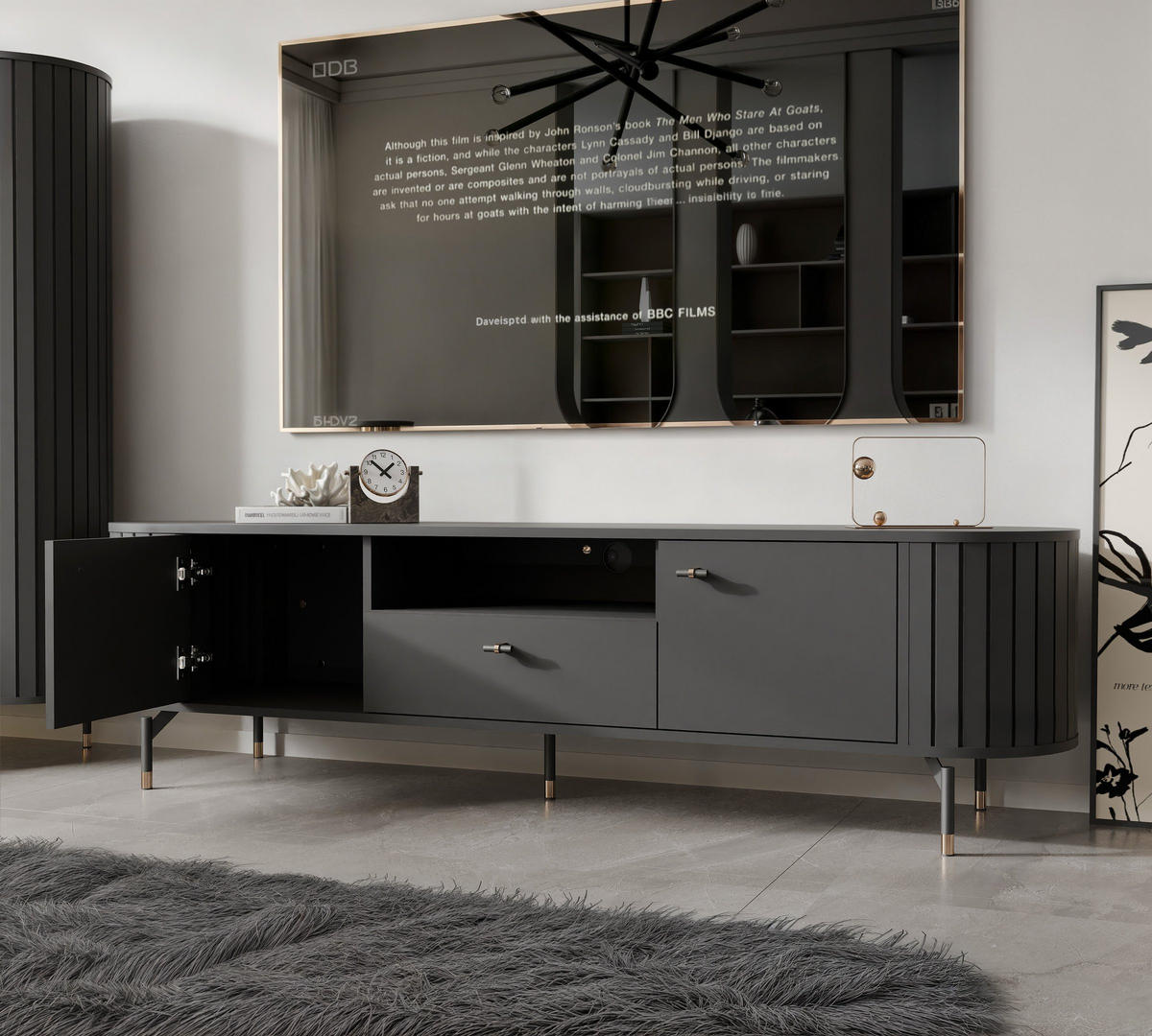 TV-LOWBOARD geriffelt, mit Schublade, Schwarz - Schwarz, Holzwerkstoff (180/49/40cm) - Idohome