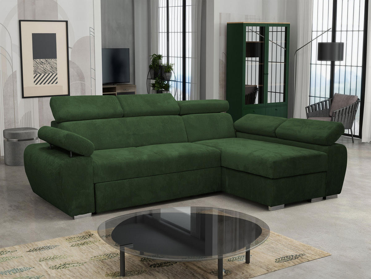 ECKSOFA Boston Mini Premium Cord 2RLC Seite: Rechts 2R+LC - Chromfarben/Grün, Holz/Textil (255/170cm) - MIRJAN24