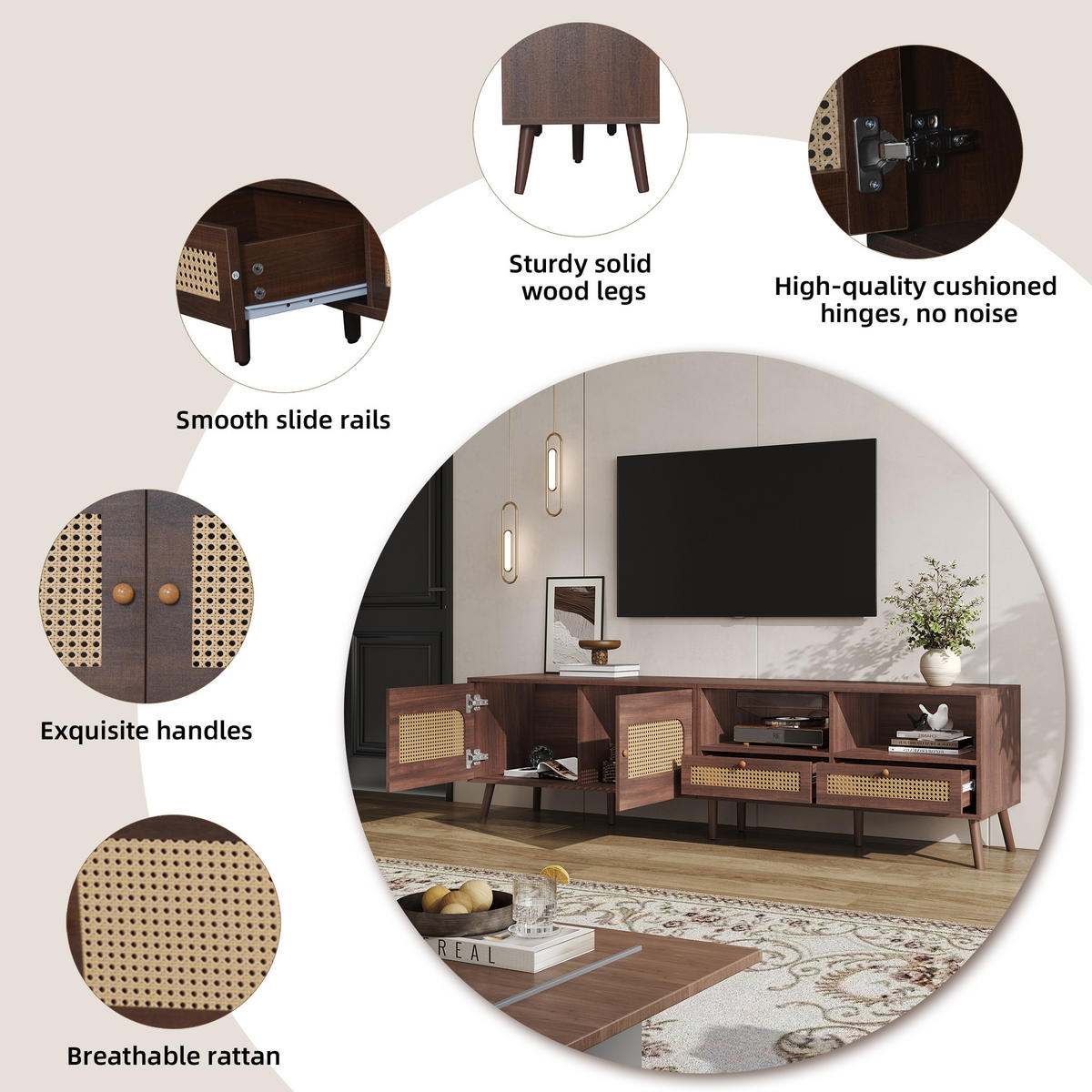 LOWBOARD Retro Rattan-Design, 200/37/49.5cm - Walnussfarben, Holzwerkstoff (200/49.5/37cm) - Urban Meuble