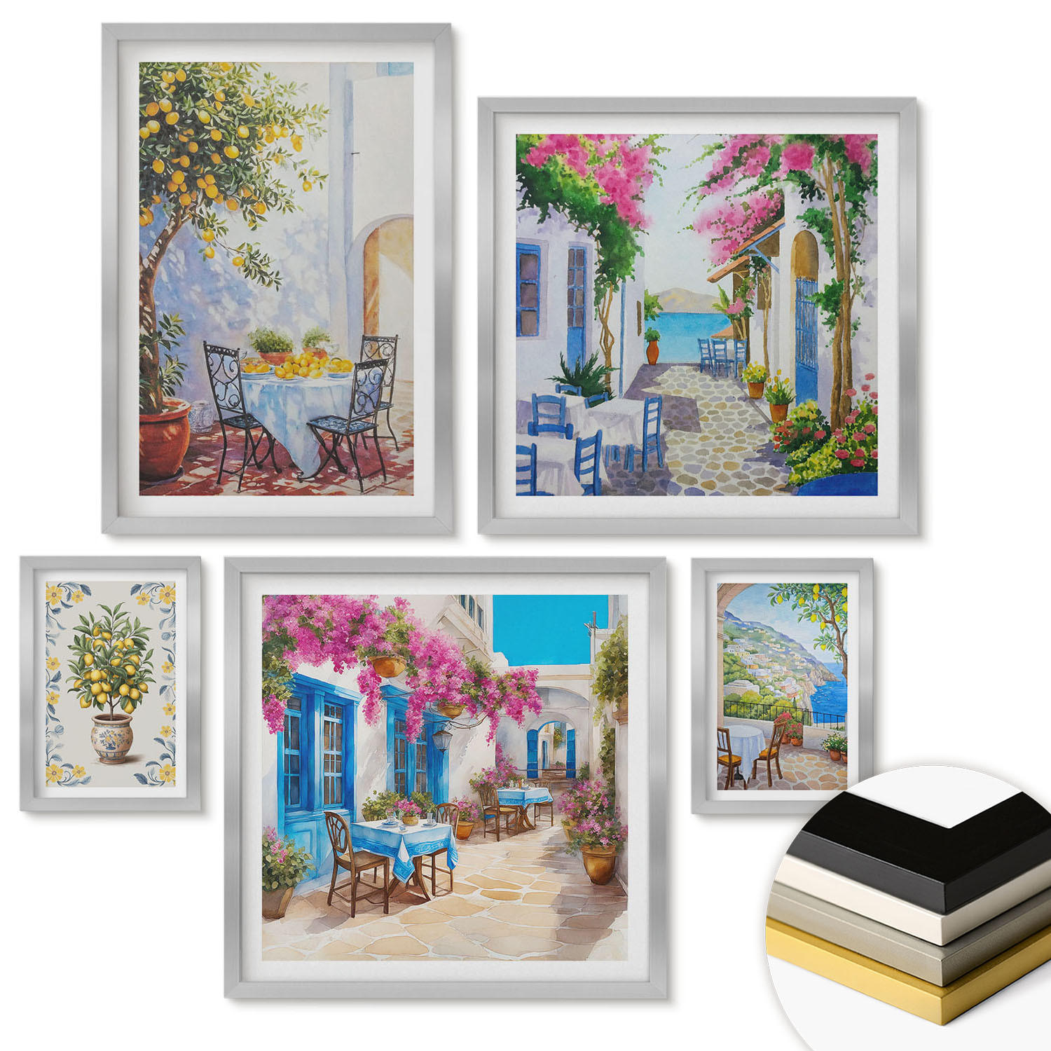 WANDBILDER 5er Set - 50x50 cm & 20x30 cm & 40x60 cm Silberner Rahmen - Berglandschaften mit einem Fluss - Silberfarben, Kunststoff (40/60cm) - ArtPrintCave