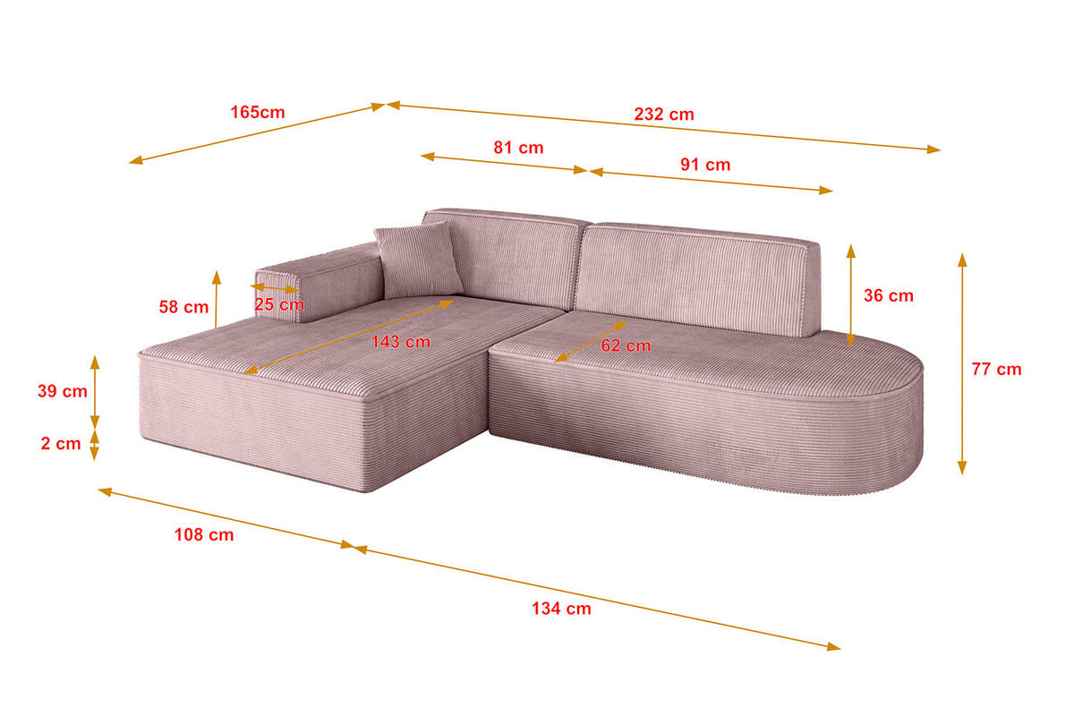 ECKSOFA Ottomane Links IREA-L1-v4 - 232x165x77 cm Rosa - Rosa, Holzwerkstoff/Textil (232/165cm) - ALTDECOR