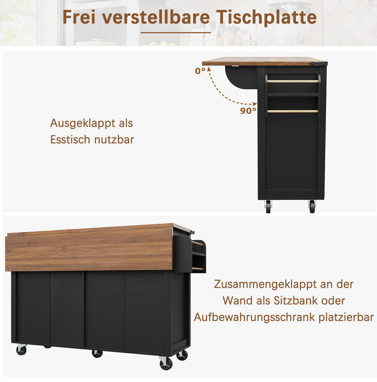 KÜCHENINSEL 140/45/93 cm schwarz mit klappbarer Tischplatte - Schwarz, Holzwerkstoff (140/93/73cm) - OKWISH