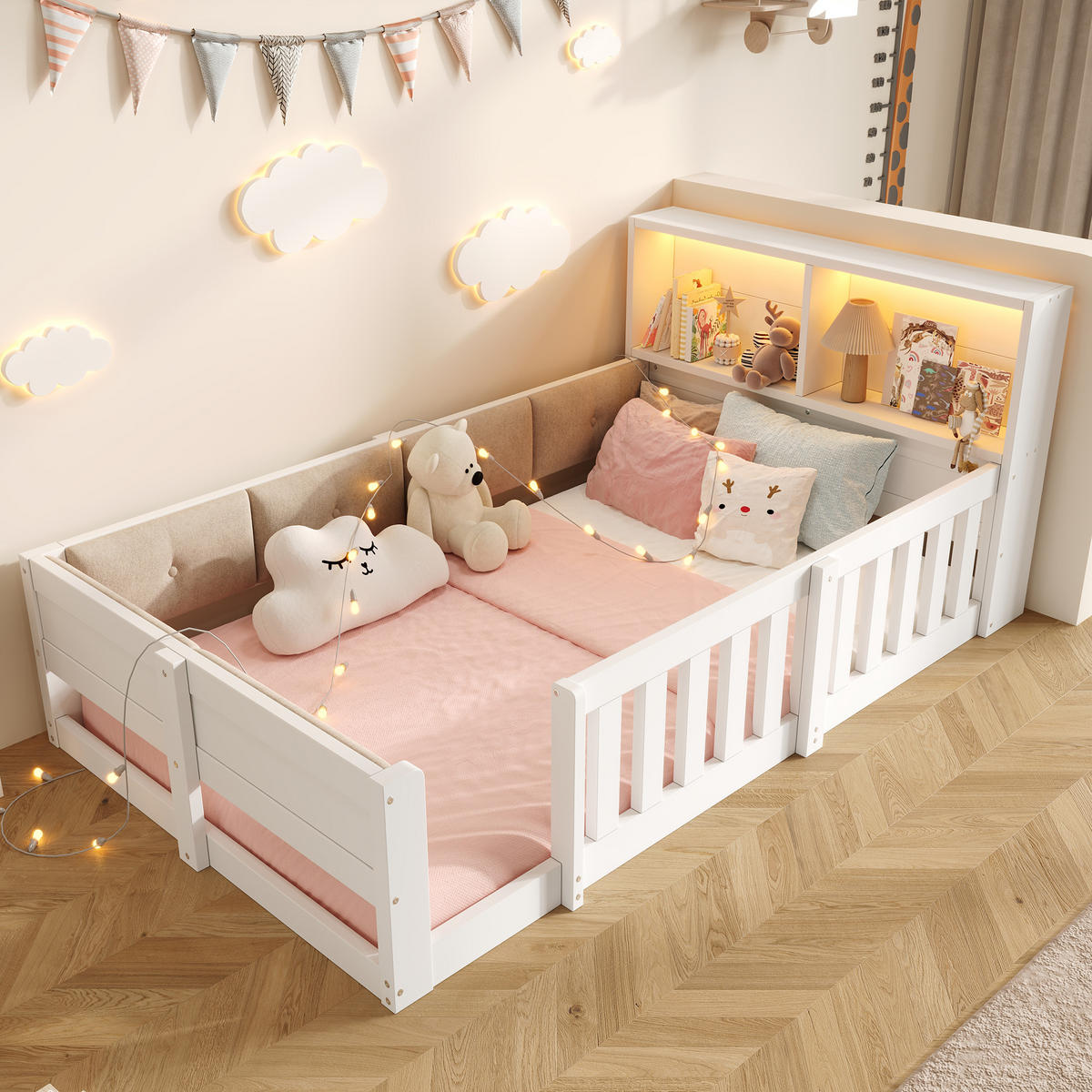 FLACHBETT 90x200cm Gitter Kinderbett LED Weiß - Weiß, Holzwerkstoff (90/200cm) - FLIEKS