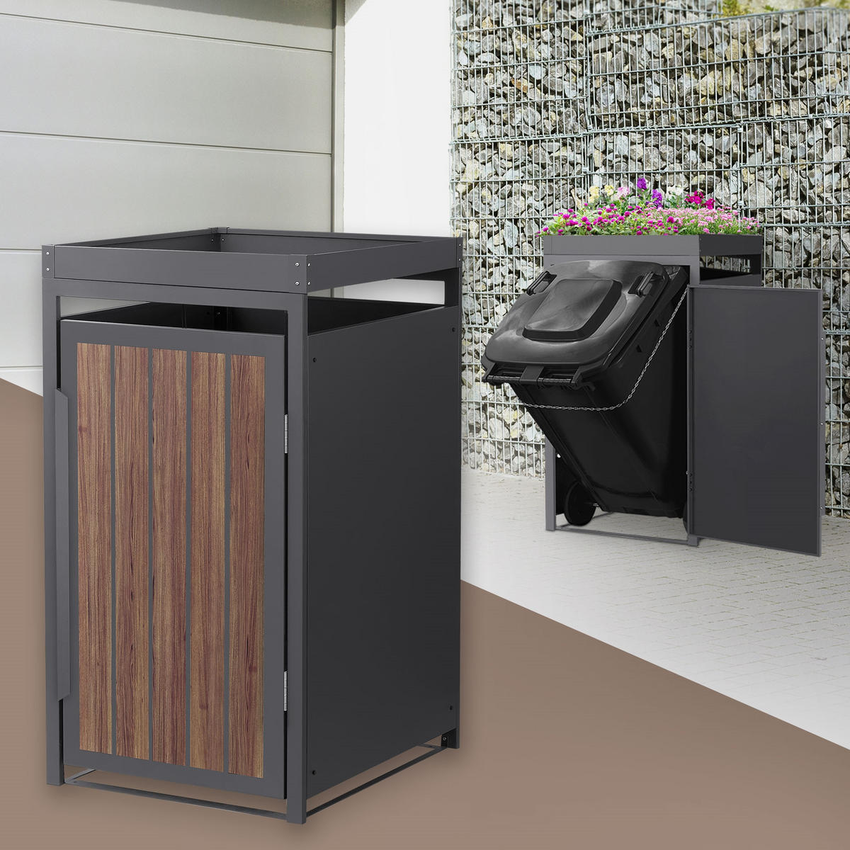 MÜLLTONNENBOX 1er mit Pflanzdach 240L Anthrazit-Eiche dunkel aus Stahl - Dunkelbraun, Metall (80/124/68cm) - ML-DESIGN