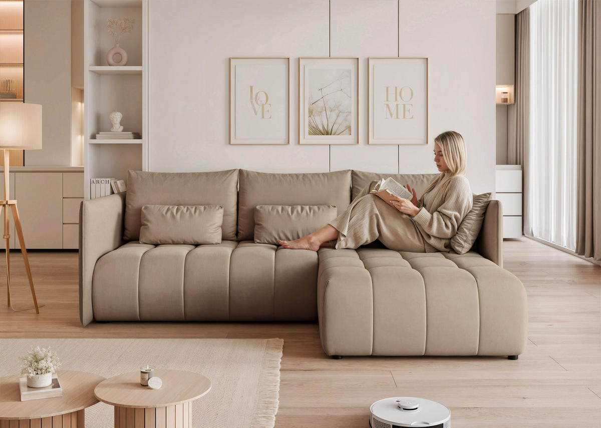 ECKSOFA CLEO mit Schlaffunktion und Bettkasten Beige - Beige, Holzwerkstoff/Kunststoff (245/180cm) - Idohome