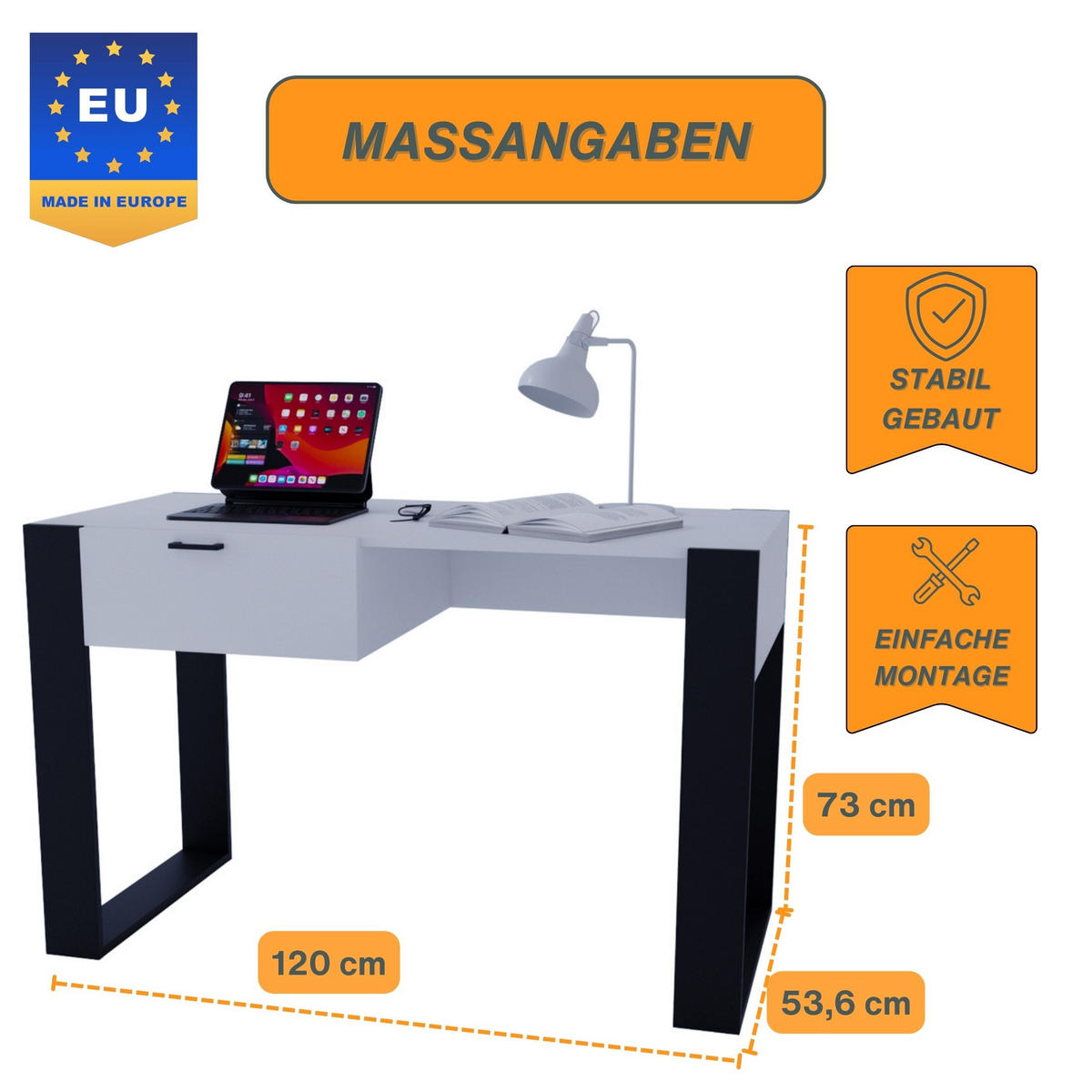 SCHREIBTISCH Weiß 120/73/53,6 cm - Schwarz/Weiß, Holzwerkstoff (53.6/120/73cm) - CraftPAK