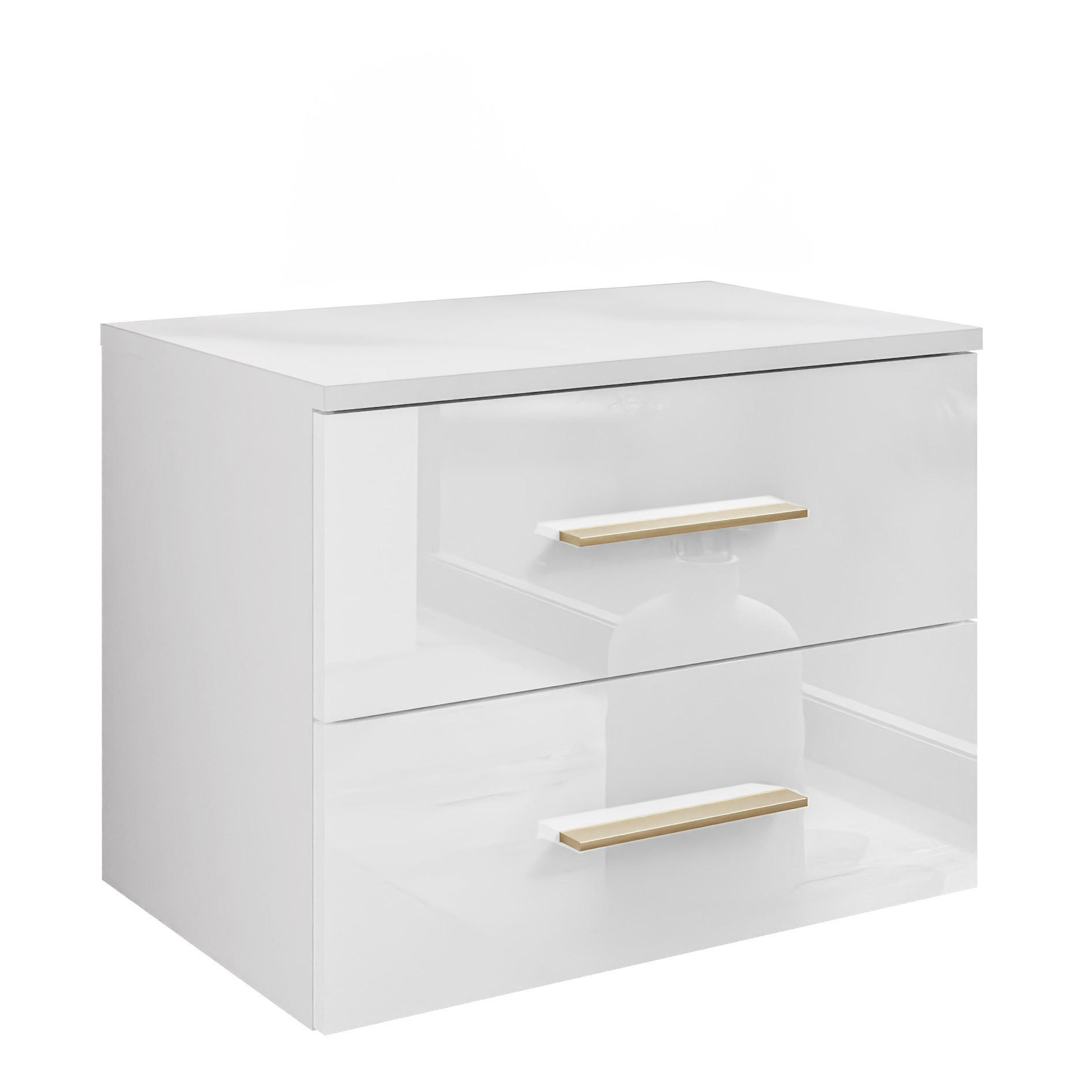 NACHTTISCH LINA II hängend mit goldenen Griffen, Hochglanz, LED - Weiß, Holzwerkstoff (55/42/37cm) - Lookway