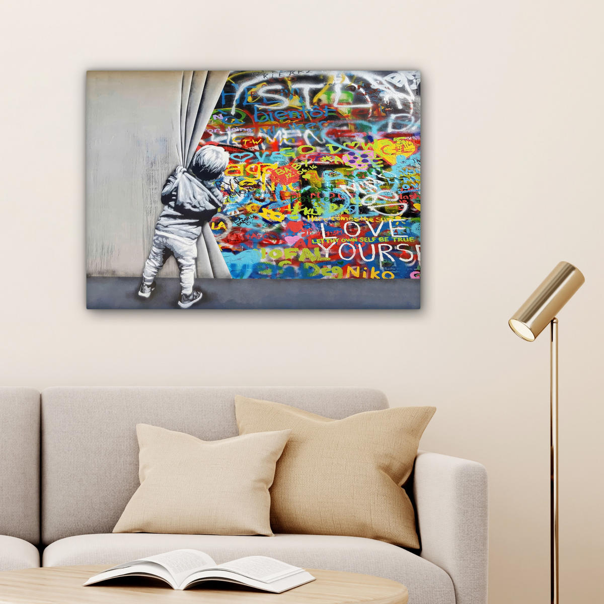 LEINWANDBILD Graffiti - Junge - Ilussie - Straßenkunst Wandbilder 80x60 cm - Hellgrau, Textil (80/60cm) - MuchoWow