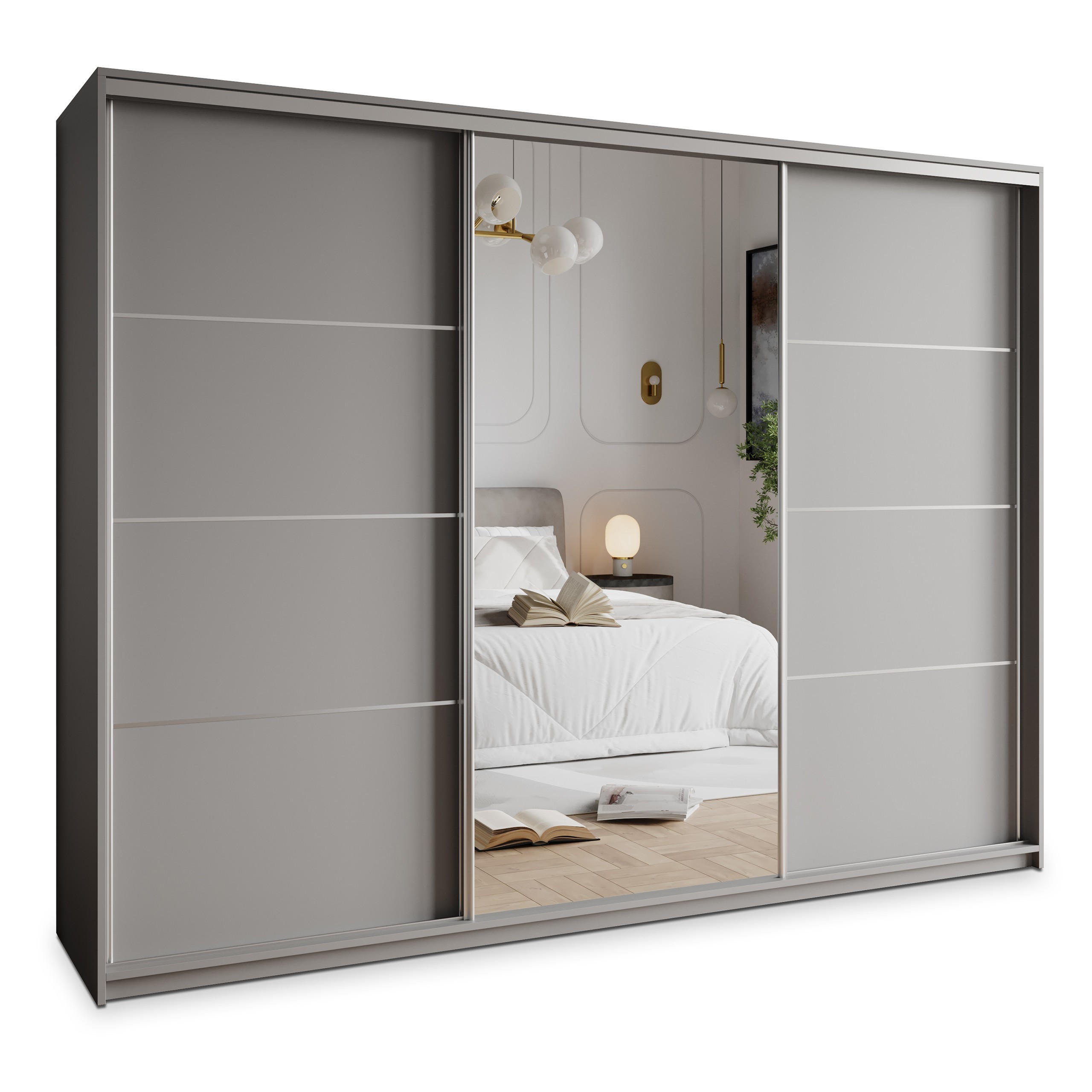 SCHWEBETÜRENSCHRANK VARO 250/205/60 cm 3-türig mit Spiegel und Schubladen Graphitfarben - Graphitfarben/Nickelfarben, Holzwerkstoff (250/205/60cm) - MASSENO