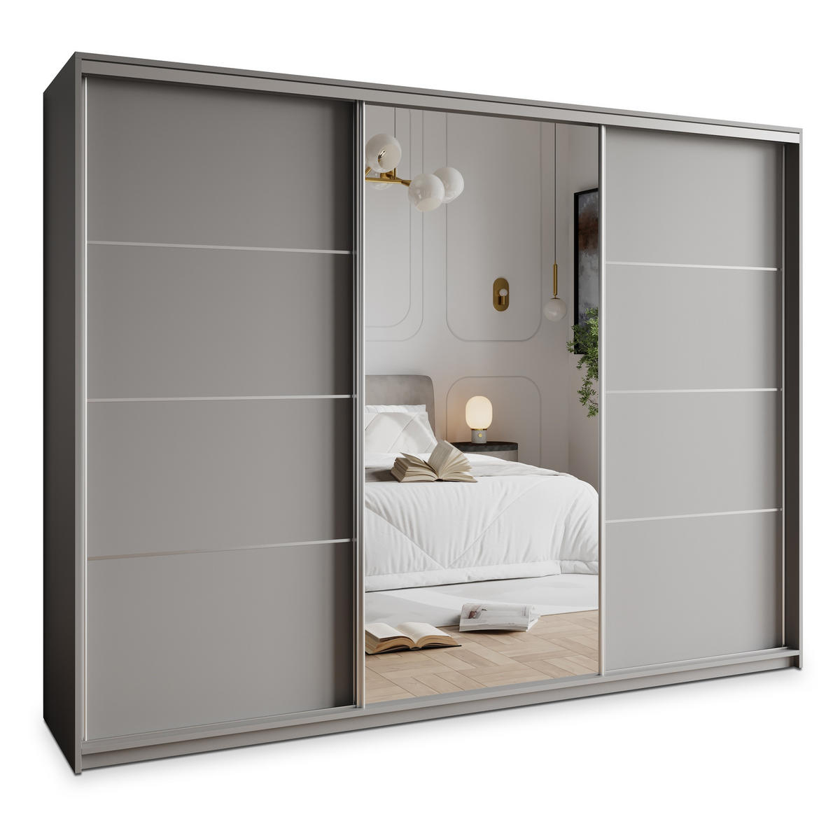 SCHWEBETÜRENSCHRANK VARO 250/205/60 cm 3-türig mit Spiegel und Schubladen Graphitfarben - Graphitfarben/Nickelfarben, Holzwerkstoff (250/205/60cm) - MASSENO