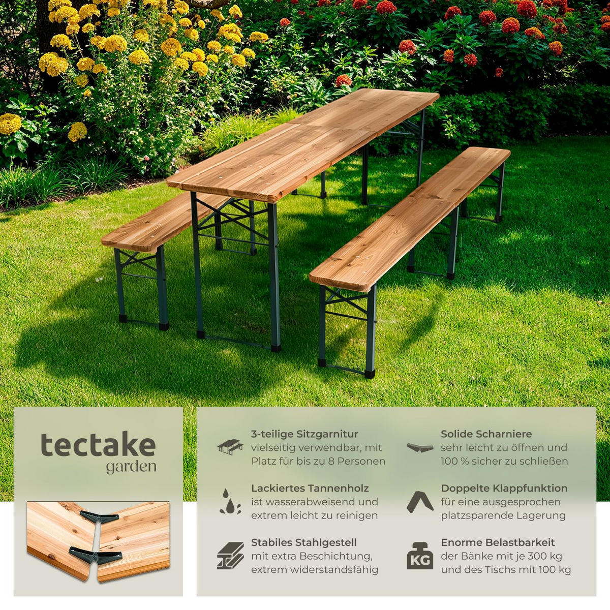 BIERZELTGARNITUR Ralf,Holzlackierung mit Klarlack,braun - Braun, Naturmaterialien/Holz - tectake