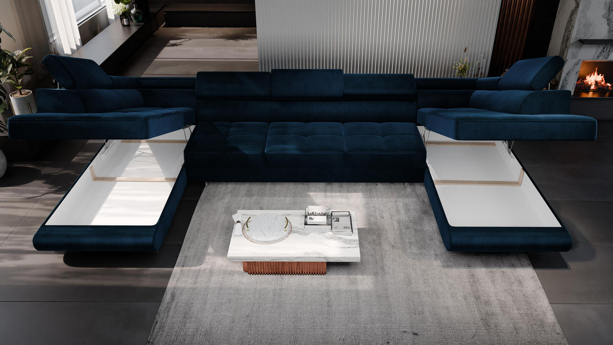 ECKSOFA U-Form WILD MAXI U2 mit Schlaffunktion 125x329 Velours Dunkelblau - Chromfarben/Dunkelblau, Holz/Textil (400/90/203cm) - Muffo