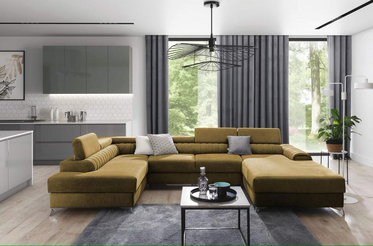 WOHNLANDSCHAFT mit Schlaffunktion und Bettkasten - Chromfarben/Gelb, Textil/Metall (354/92/202cm) - Eltap