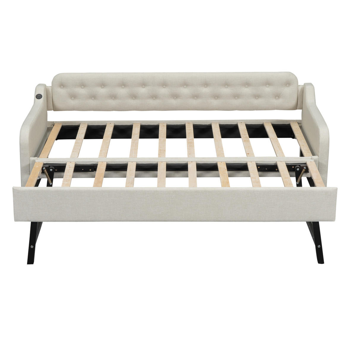 POLSTERBETT 90/200cm mit ausziehbarem Rollbett und USB-Anschluss Beige - Beige, Textil (90/200cm) - OKWISH